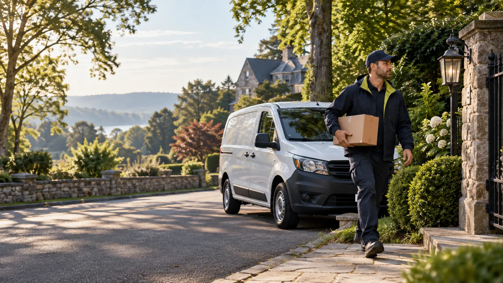 A local courier making a delivery on a tree-lined Westchester street